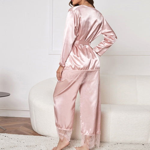 Load image into Gallery viewer, Women&#39;s Pajamas Set Pink Lace Sleepwear with Belt Silk Like Casual Homewear Deep V Sexy Nightwear Femme for Summer
