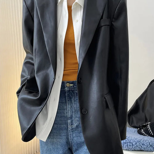 Load image into Gallery viewer, Solid PU Leather Blazers For Women Notched Collar Long Sleeve Casual Loose Vintage Blazer Female Fashion Clothing
