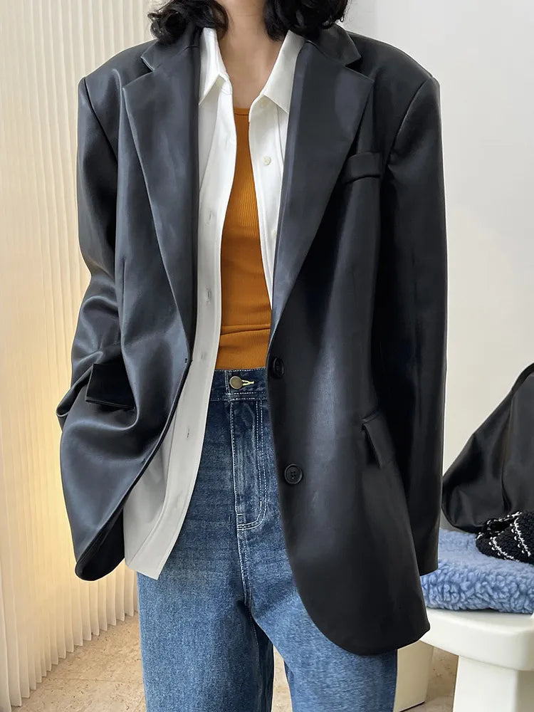 Solid PU Leather Blazers For Women Notched Collar Long Sleeve Casual Loose Vintage Blazer Female Fashion Clothing