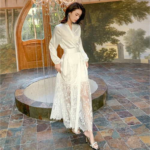 Load image into Gallery viewer, High Quality Women&#39;s Pajamas Long Robe Lace Stitching Sleepwear Satin Bathrobe Homewear Luxury Nightwear peignoir femme
