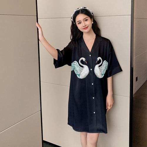 Load image into Gallery viewer, Women&#39;s Summer Lapel Leisure Pajamas Large Size Medium Long Skirt Nightgown Sweet Girls Cartoon Cardigan Home Clothes
