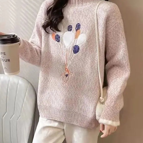 Load image into Gallery viewer, Women Half Turtleneck Sweater Autumn Loose Pullover Knitted Jumper Long Sleeve Cute Embroidery Casual Korean Ladies Tops
