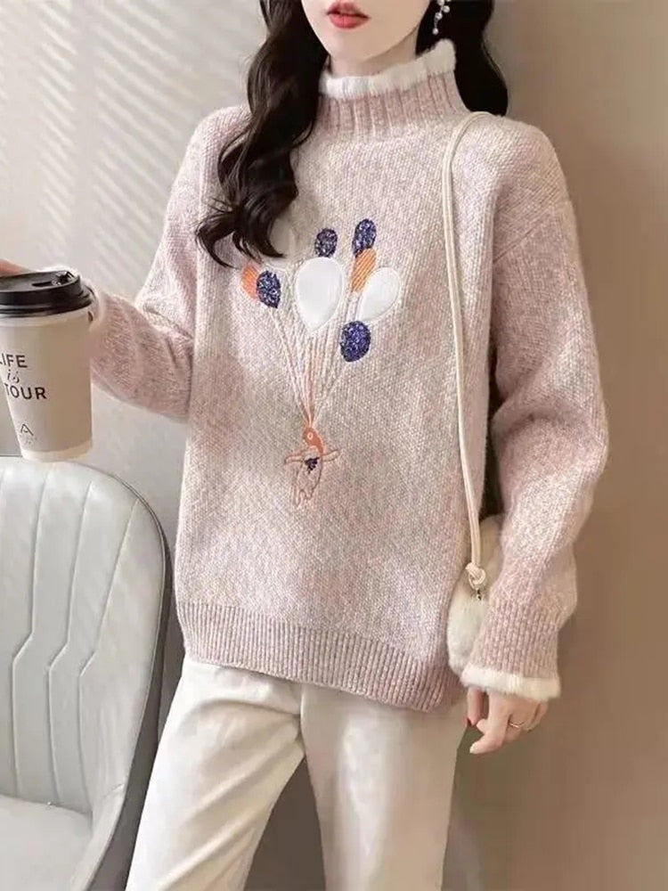 Women Half Turtleneck Sweater Autumn Loose Pullover Knitted Jumper Long Sleeve Cute Embroidery Casual Korean Ladies Tops