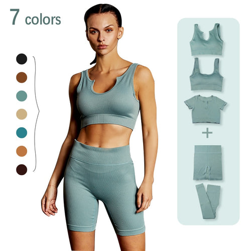 Load image into Gallery viewer, Seamless Yoga Set 2/3/4 Piece Gym Set Women Ribbed Crop Top Shorts Suits Fitness Sports Bra Leggings Running Outfits Tracksuit v2
