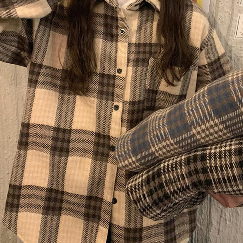 Load image into Gallery viewer, Thick Women Plaid Shirts Korean Winter Warm Fleece Button Up Tops Vintage Turn Down Collar Loose Casual Woolen Female Coats
