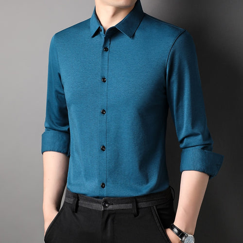 Load image into Gallery viewer, Top Grade Mulberry Silk 5.2% New Slim Fit Fashion Designer Brand Luxury Men Shirts Long Sleeve Plain Casual  Mens Clothes
