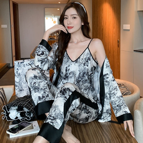 Load image into Gallery viewer, Women&#39;s Pajamas 3-Piece Set Ink Jungle Print Kimono Robe Sleepwear Faux Silk Homewear V Neck Nightwear Casual Loungewear
