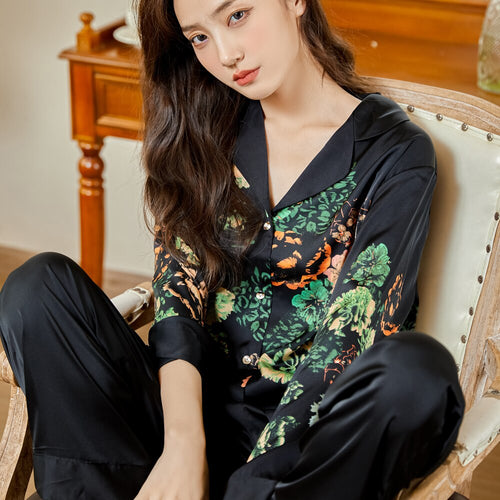 Load image into Gallery viewer, High Quality Luxury Women&#39;s Pajamas Flower Print Silk Like Sleepwear Two Piece Set Casual Breathable Leisure Homewear
