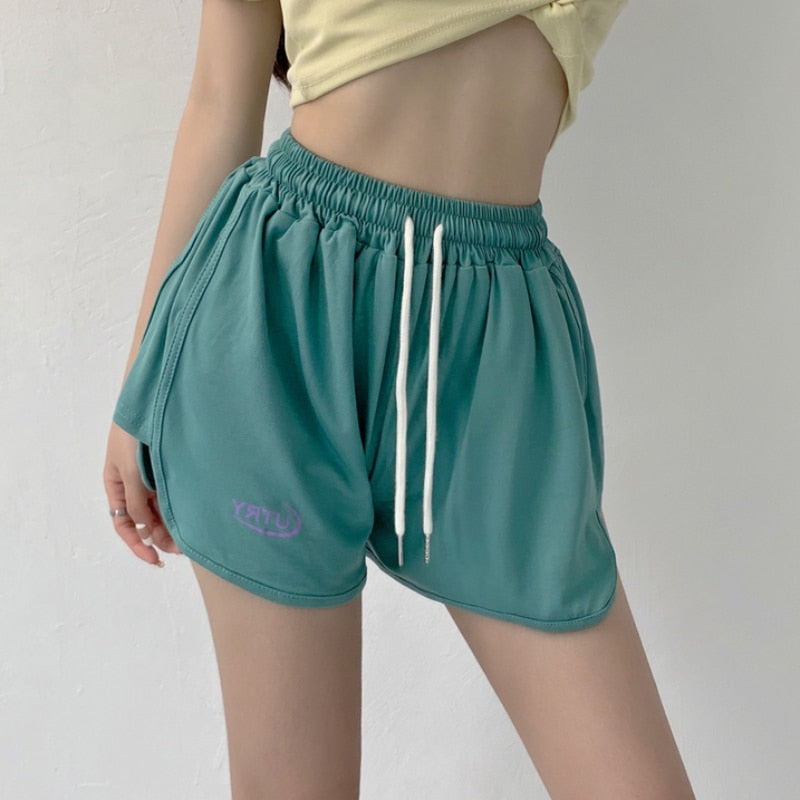 Summer Women Sweat Shorts Fashion Letter Elastic High Waist Loose Joggers Shorts Korean Designed Grey Wide Leg Shorts