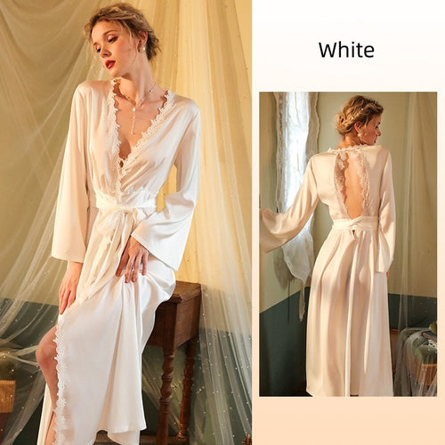 Load image into Gallery viewer, Women&#39;s Pajamas Long Robe Set Lace Homewear Faux Silk Sleepwear Smooth Backless Bathrobe Sling Dress Nightwear Femme
