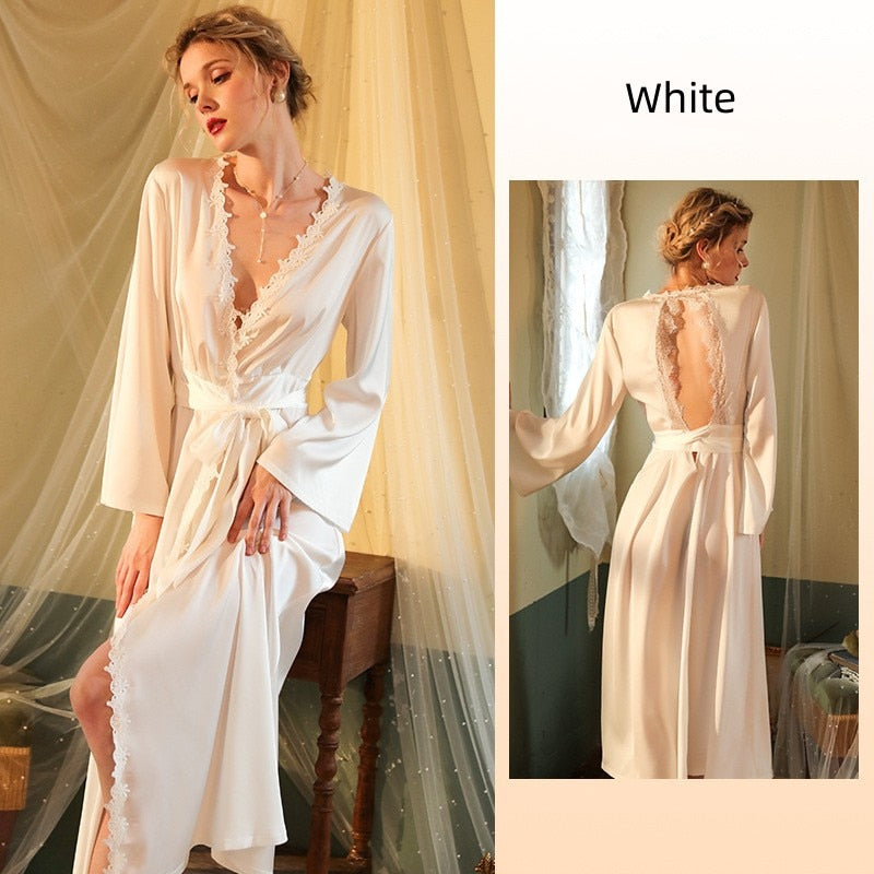 Women's Pajamas Long Robe Set Lace Homewear Faux Silk Sleepwear Smooth Backless Bathrobe Sling Dress Nightwear Femme