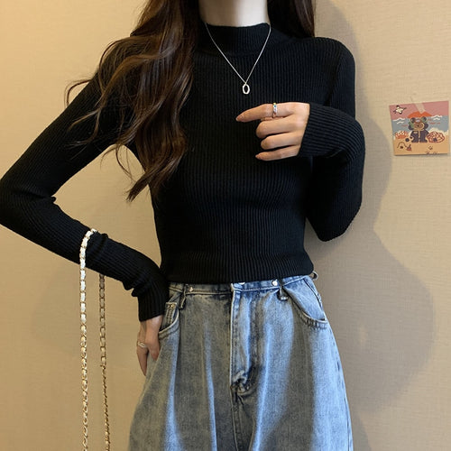 Load image into Gallery viewer, Simple Women Sweater Winter Stand Collar Fashion Pullover Elastic Knit Ladies Jumper Casual Solid Black Female Basic Tops
