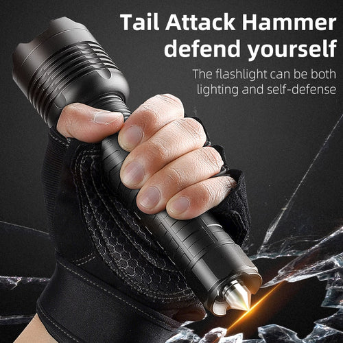 Load image into Gallery viewer, Tactical Flashlight Camping Hiking Telescopic Zoom Highlight Torch Power Bank Outdoor Hunting Survival Safety Hammer
