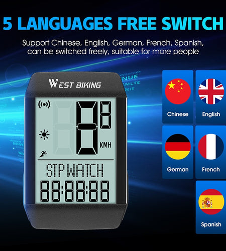 5 Language Bicycle Computer Waterproof Wireless Wired Cycling Odometer Auto Wake & Sleep Bike Speedometer Stopwatch