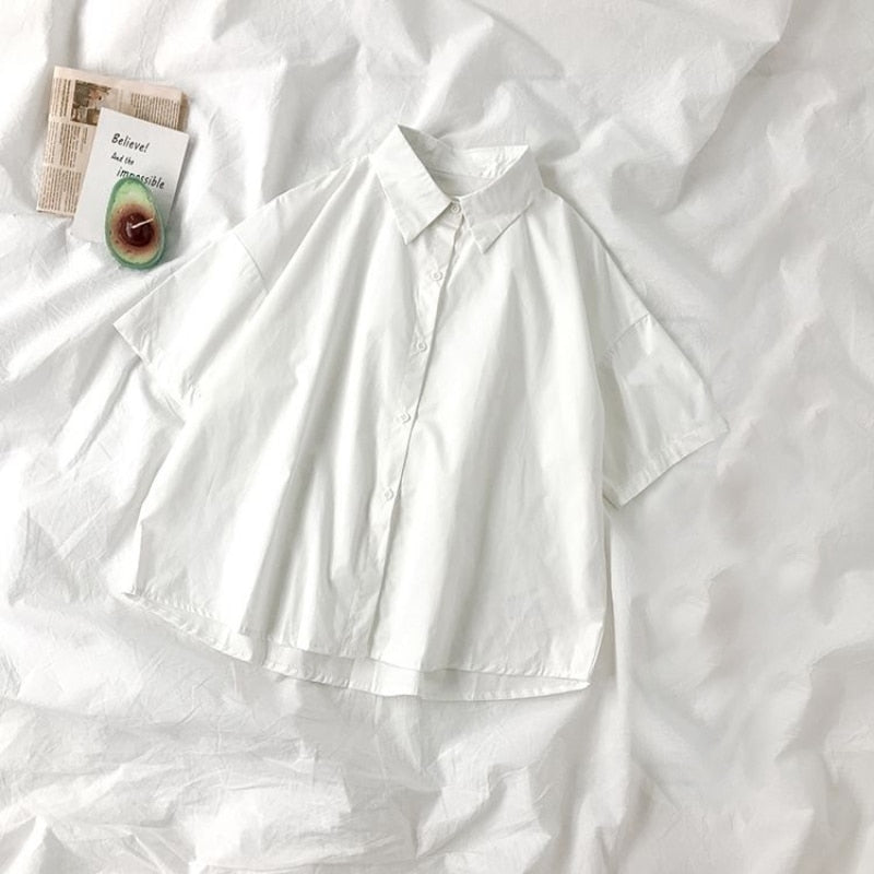 White Shirts Women Fashion Black Tie Japan Style Preppy Students JK Girls Blouse Simple Solid Loose Summer Button Up Tops