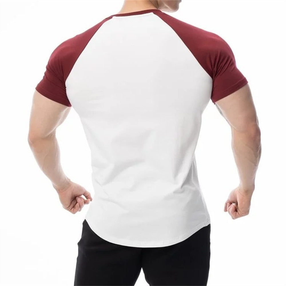 White Cotton Bodybuilding T-shirt Men Short Sleeve Casual Skinny Tees Tops Male Summer Gym Fitness Training Patchwork Clothing