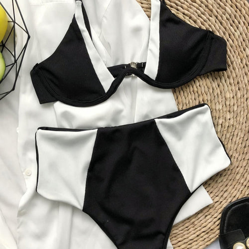 Load image into Gallery viewer, Underwired V-Bra Splicing Female Swimsuit High Waist Bikini Women Swimwear Two-pieces Bikini set Bather Bathing Suit Swim V3070
