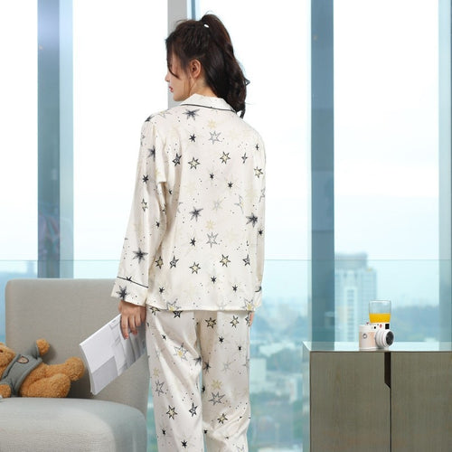 Load image into Gallery viewer, Fashion Women&#39;s Imitation Silk Pajamas Spring Autumn Thin Cardigan Long Sleeve Pants Set Star Print Loose Home Clothing
