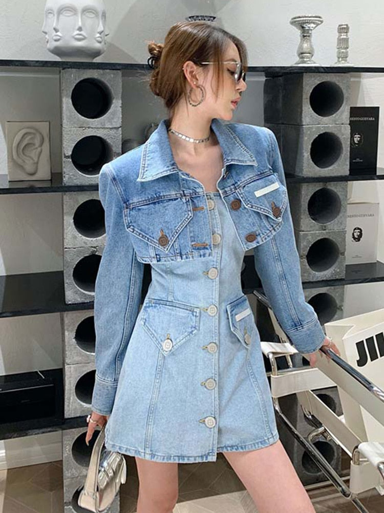 Denim Solid Dresses For Women Strapless Sleeveless Spliced Button Slim Summer Dress Female Fashion Style Clothing