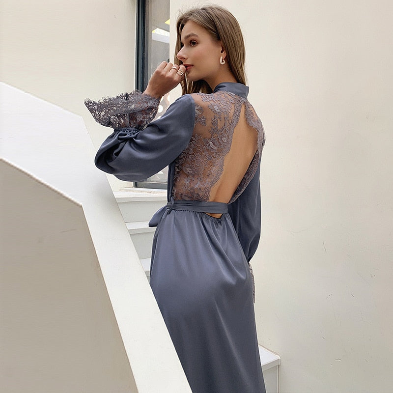 High Quality Women's Pajamas Long Robe Sexy Backless Silk Like Lace Nightgown Long Sleeve Bathrobe Peignoir Femme