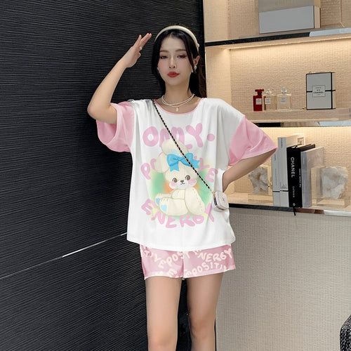 Load image into Gallery viewer, Women&#39;s Silk like Pajamas Cute Short Sleeve Shorts Two Piece Set Round Neck Summer Outwear Casual Home Clothing
