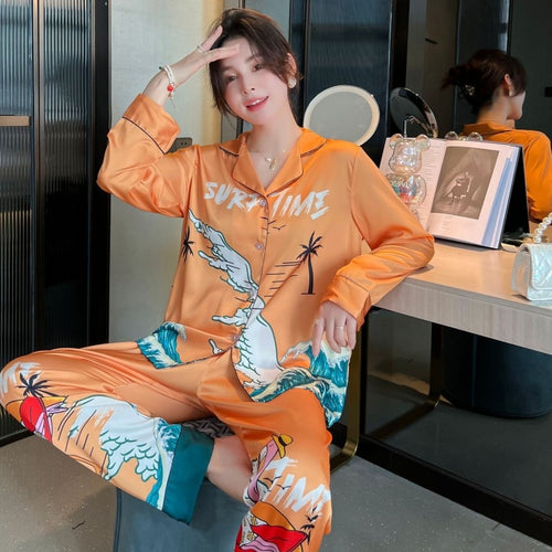 Load image into Gallery viewer, Women&#39;s Imitation Silk Pajamas Spring Autumn Thin Print Long Sleeve Pants Cardigan Set Comfortable Casual Home Suit
