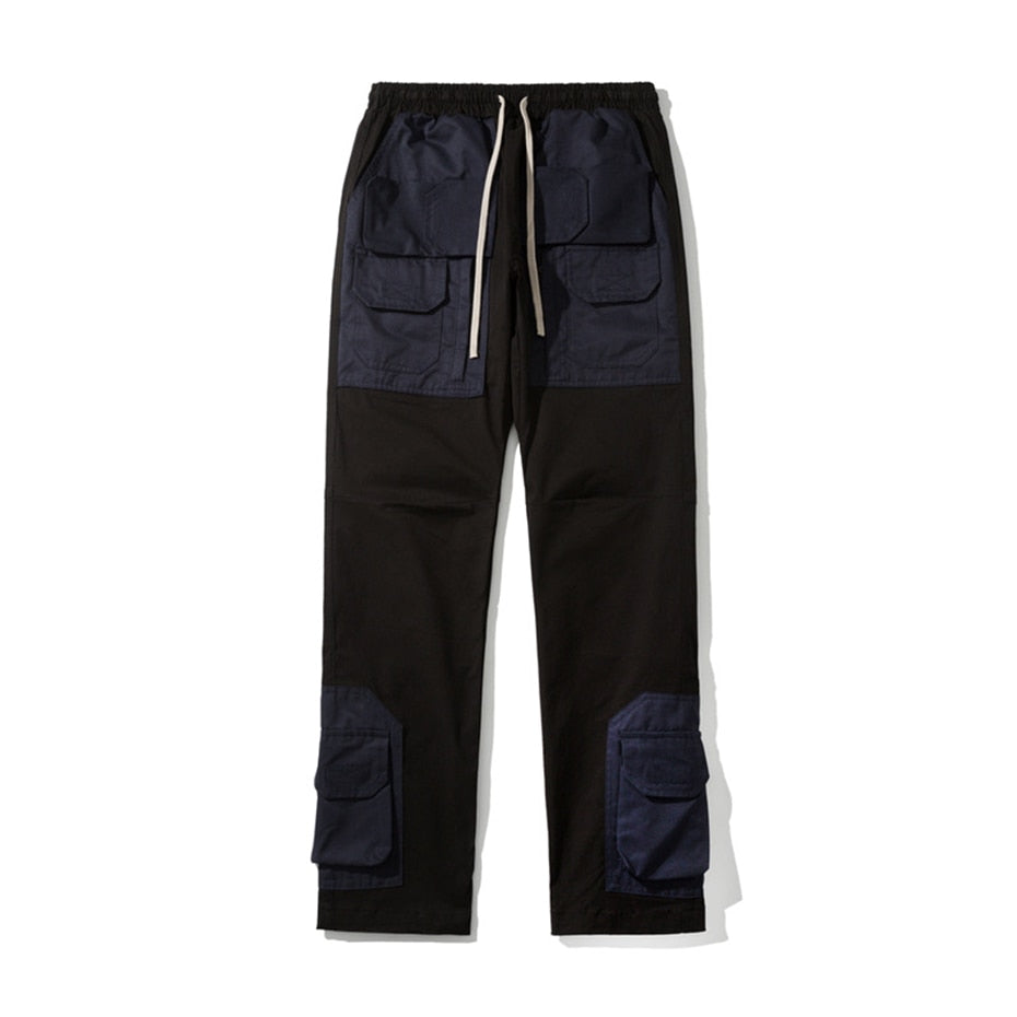 Hip Hop Cargo Pants Men Multi-pocket Patchwork Streetwear Joggers Trousers High Street Function Pant Elastic Waist Male Black