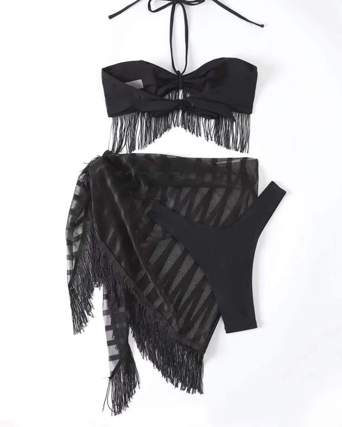 Sexy With Sarong Fringe Tassel Bikini Female Swimsuit Women Swimwear Three-pieces Bikini set Bather Bathing Suit Swim Lady V4078