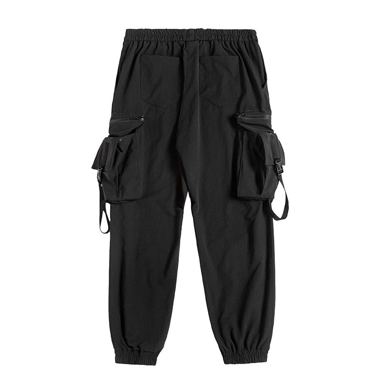 Tactical Functional Cargo Pants Joggers Men Ribbons Multi-pocket Trousers Autumn Hip Hop Streetwear Harem Pant Black WB755