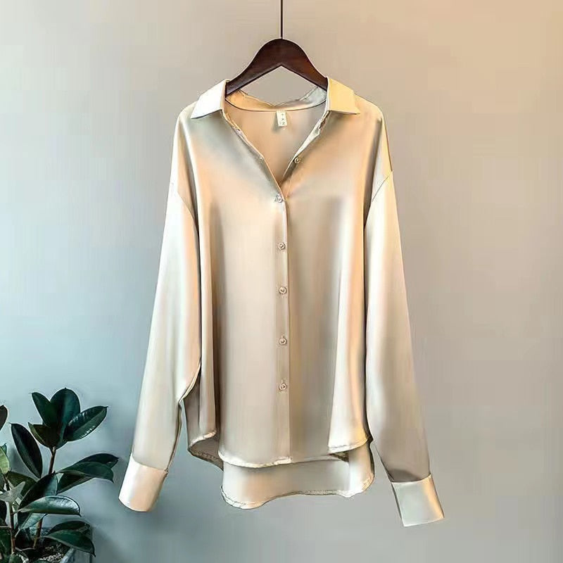Silk Shirt Women Vintage White Long Sleeves OL Ladies Blouse Loose Spring Designed Button Up Female Top Casual Cotton Shirt