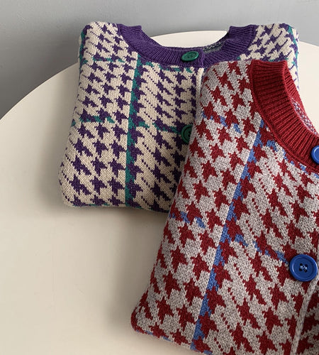 Houndstooth Women Cardigan Sweater Fashion Plaid Loose Korean Single Breasted Patchwork Office Ladies Knitted Coat