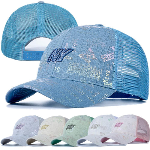 Load image into Gallery viewer, Women Cotton Trucker Hat Fashion NY Embroidered Baseball Cap Shiny Butterfly Style Adjustable Outdoor Streetwear Mesh Cap
