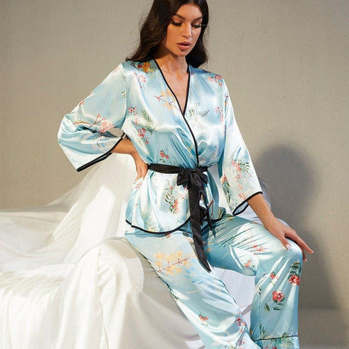 Load image into Gallery viewer, Women&#39;s Pajamas Set Vintage Blue Flower Print Sleepwear Silk Like V Neck Collar Leisure Home Clothes Homewear Nightwear
