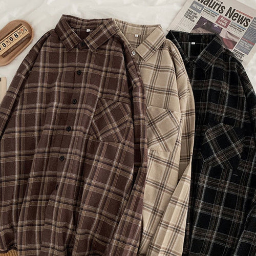 Load image into Gallery viewer, Vintage Women Plaid Shirts Autumn Long Sleeve Oversize Tops Korean Loose Casual Fall Button Up Outwear Femme Shirts
