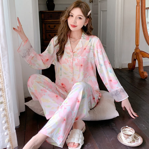 Load image into Gallery viewer, Luxury Women&#39;s Pajamas Thin Cool Simulation Silk Lapel Long Sleeve Home Clothing Set Satin Chiffon Leisure Homewear
