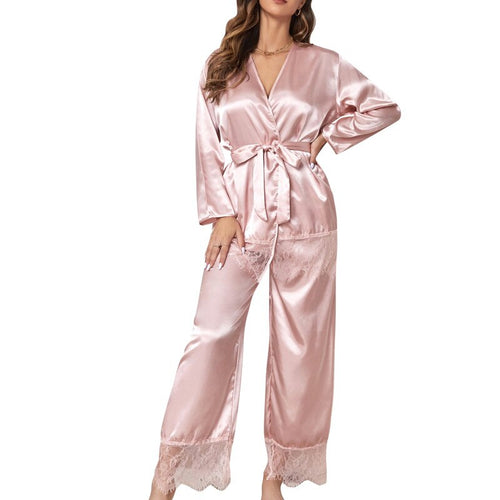 Load image into Gallery viewer, Women&#39;s Pajamas Set Pink Lace Sleepwear with Belt Silk Like Casual Homewear Deep V Sexy Nightwear Femme for Summer
