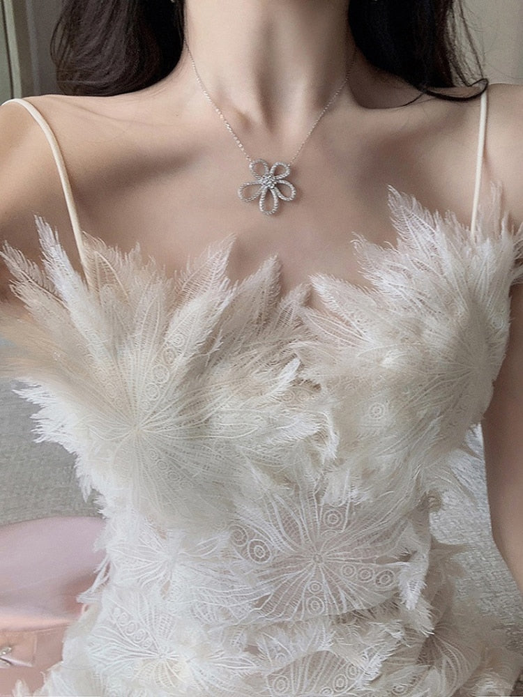 Korean Solid Lace Dress For Women Square Collar Sleeveless High Waist Spliced Feathers Mini Dresses Female Summer