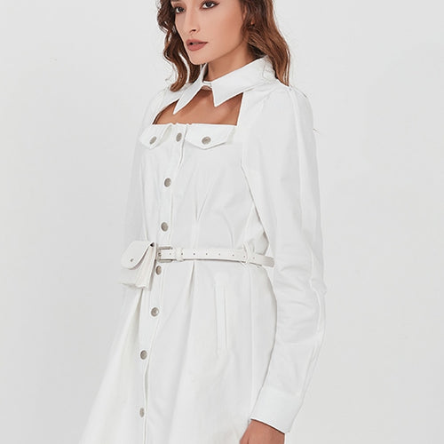 Load image into Gallery viewer, Hollow Out Solid Dresses For Women Lapel Long Sleeve High Waist Tunic Spliced Button Dress Female Fashion Clothing
