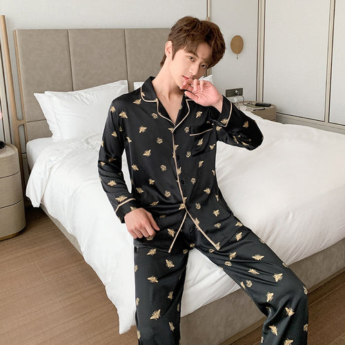 Load image into Gallery viewer, High Quality Women&#39;s Pajamas Set Fashion Bee Print Couple Sleepwear Silk Like Casual Homewear V Neck Men&#39;s Nightwear
