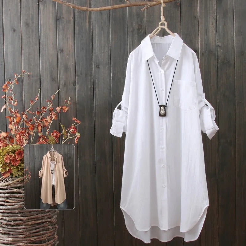 Loose Women White Long Shirts Pure Cotton Fall Long Sleeve Button Up Shirts Casual Turn Down Collar Female Autumn Tops