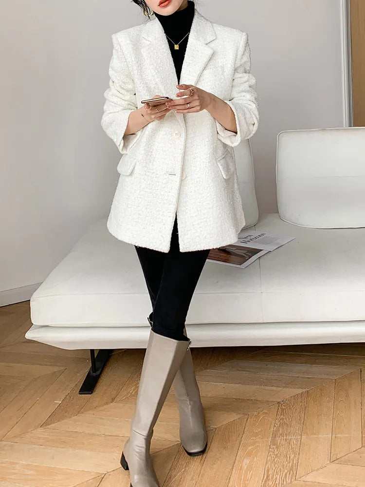 Fashion White Blazers For Women Notched Long Sleeve Patchwork Pocket Single Breasted Loose Blazer For Women