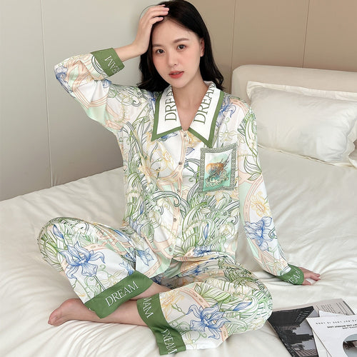 Load image into Gallery viewer, High Quality Women&#39;s Pajamas Set Luxury Floral Print Lapel Sleepwear Silk Like Long Sleeve Homewear Nightwear Femme
