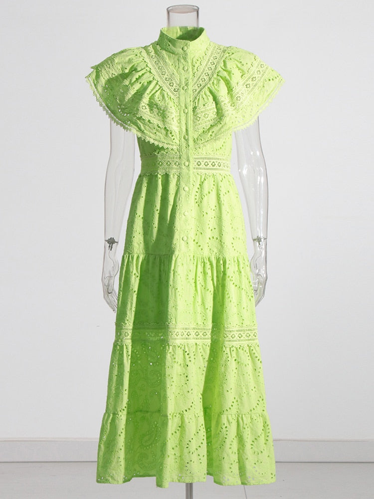 Embroidery Summer Dresses For Women Stand Collar Short Sleeve High Waist Folds Summer Dress Female Fashion Clothing