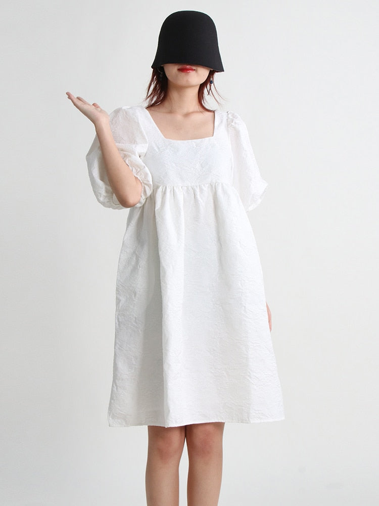 Mini Folds Tunic Dresses For Women Square Collar Puff Sleeve High Waist Pullover Summer Dress Female Fashion