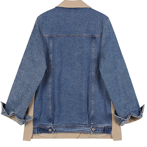 Load image into Gallery viewer, Streetwear Jacket For Women Notched Collar Long Sleeve Patchwork Denim Colorblock Jackets Female Clothing Fashion
