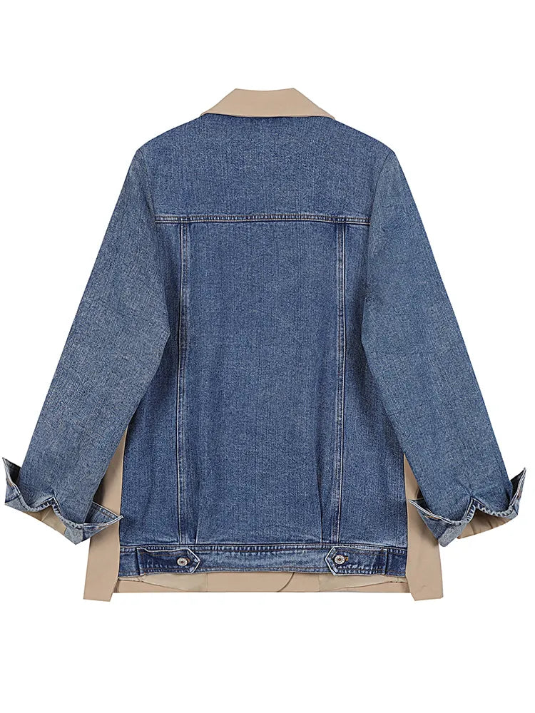 Streetwear Jacket For Women Notched Collar Long Sleeve Patchwork Denim Colorblock Jackets Female Clothing Fashion