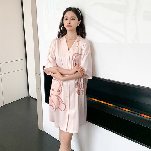 Load image into Gallery viewer, Women&#39;s Summer Lapel Leisure Pajamas Large Size Medium Long Skirt Nightgown Sweet Girls Cartoon Cardigan Home Clothes
