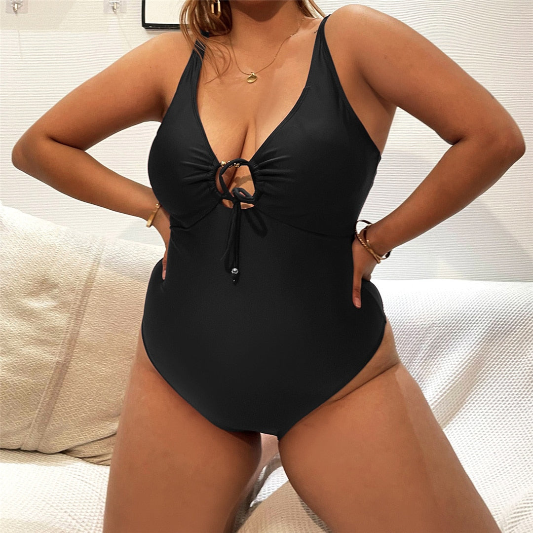 0XL - 4XL New Sexy Lace Up Large Size Swimwear Plus Size One Piece Swimsuit Female Women Bather Bathing Suit Swim Monokini V3294