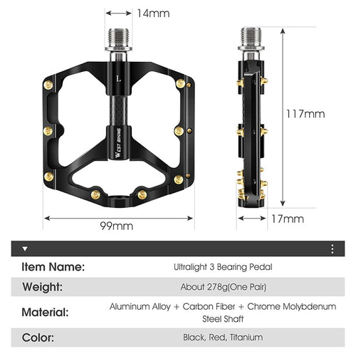 Load image into Gallery viewer, Ultralight MTB Aluminum Pedals 3 Bearings Bicycle Flat Pedals Cr-Mo Shaft Carbon Fiber Tube BMX Road Bike Pedals
