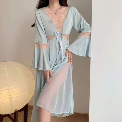 Load image into Gallery viewer, Women&#39;s Pajamas Sexy Long Dress Bell Sleeve Silk Like Homewear Deep V Skirt Sexy Lace Dress Sleepdress Nightgown Femme
